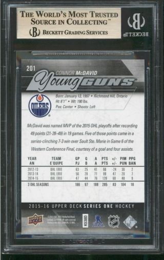 Connor McDavid 2015 - 16 Upper Deck Young Guns Rookie RC 201 BGS 9.  5 2