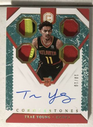 2018 - 19 Cornerstones Trae Young Quad Patch Auto Rookie Gold Marble 10/10