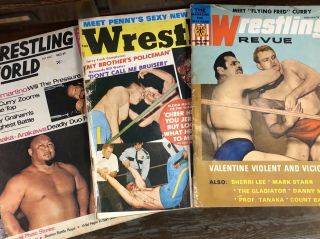 3 Vintage Sports Review Wrestling Magazines With Autograph,  Female Wrestling