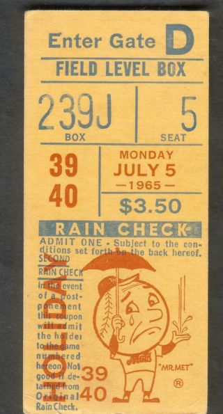1965 Ticket Stub Ny Mets Shea Stadium Vs Cubs Dh Spahn Start/ Ron Swoboda 2 Hrs