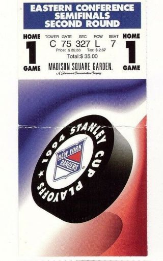 Ny Rangers 1994 Stanley Cup Playoffs Ticket Round 2 Game 1 Vs Capitals 6 - 3 Win