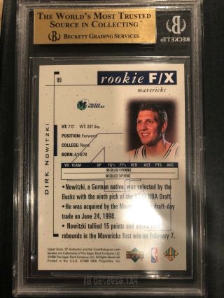 1998 - 99 SP Authentic Dirk Nowitzki BGS 9.  5 (3x 9.  5 Subs) /3500.  Gem Rookie 6