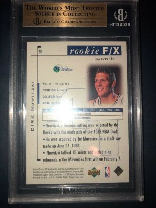 1998 - 99 SP Authentic Dirk Nowitzki BGS 9.  5 (3x 9.  5 Subs) /3500.  Gem Rookie 7