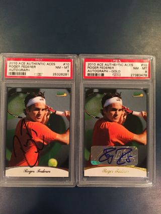 2010 Ace Authentic Aces Autograph Base And Gold 10 Roger Federer Psa 8 And 8