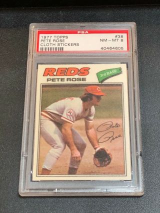 1977 Topps Cloth Stickers Pete Rose.  Psa 8.  Reds
