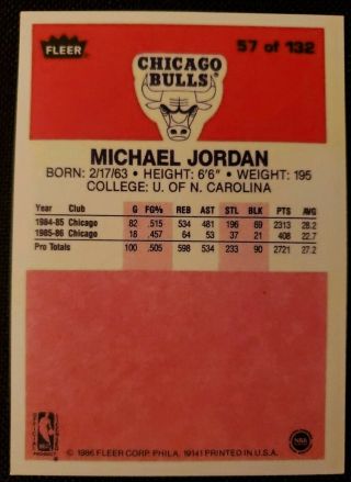 1986 - 87 Fleer Michael Jordan 57 Rookie Chicago Bulls 2