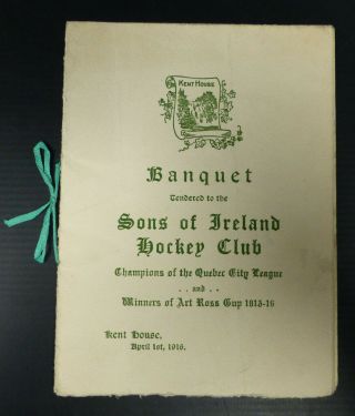 1916 Quebec Sons Of Ireland Hockey Club Banquet Menu