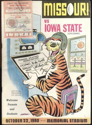 1960 Ticket Stub & Program,  University Of Missouri Vs Iowa State Football Game