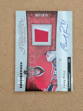 2007 - 08 Ud Fleer Hot Prospects Auto 2 Color Patch Carey Price Rookie 014/199
