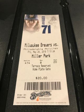 5/24/19 May 24,  2019 Philadelphia Phillies Vs Brewers Tickets Stubs