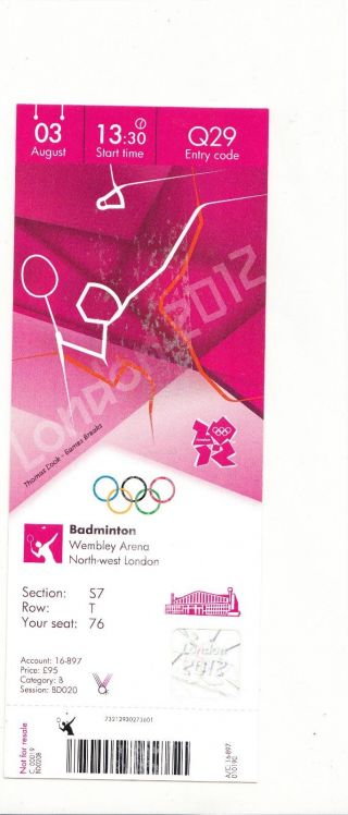 B072 - 2012 London Olympic Games Badminton Ticket