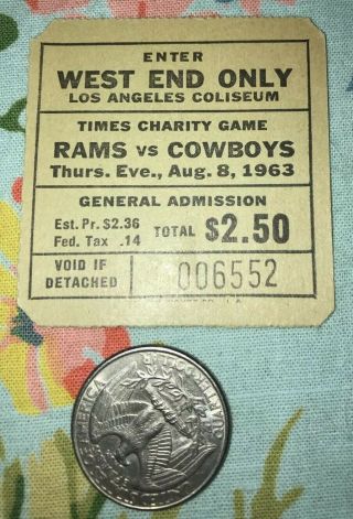 August 8 1969 Rams Vs Cowboys Football Ticket Stub Charity Game Roman Gabriel