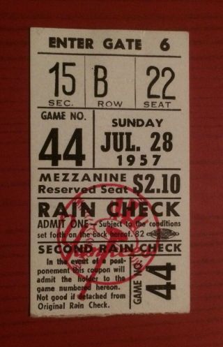 7/28/57 Ny Yankees Vs Detroit Tigers Ticket Stub - Mickey Mantle,  Berra,  Kaline
