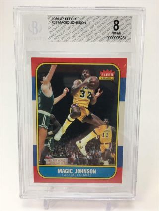 1986 - 87 Fleer Basketball Magic Johnson 53 Bgs Nm - Mt 8 Los Angeles Lakers