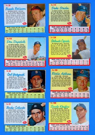 1962 Post Cereal Baseball Cards (17) Koufax,  Yaz,  Snider,  Ashburn,  Cepeda,  Mays