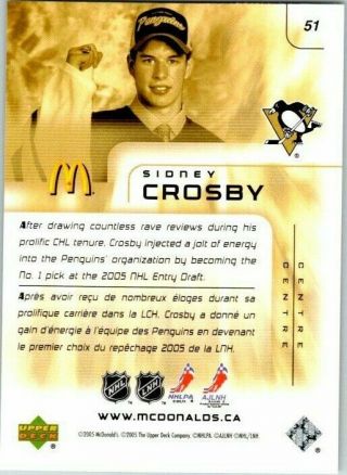 2005 - 06 UD McDonalds Sidney Crosby Rookie Card 51 NRMT Hockey Card B 2