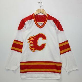 Vintage Calgary Flames Ccm Maska Nhl Hockey Jersey Mens Size Medium White Red
