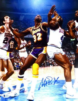 Magic Johnson Signed Autographed 11x14 Photo Lakers Action Vs.  76ers Beckett