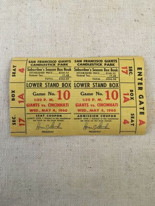1960 San Francisco Giants Ticket Candlestick Park Subscribers Ticket Complete