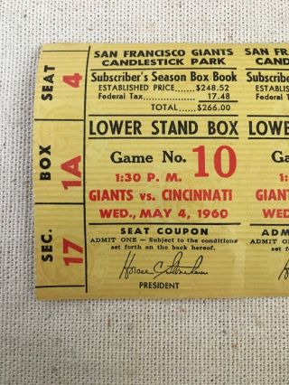 1960 San Francisco Giants Ticket Candlestick Park Subscribers Ticket Complete 2