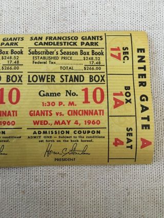 1960 San Francisco Giants Ticket Candlestick Park Subscribers Ticket Complete 3