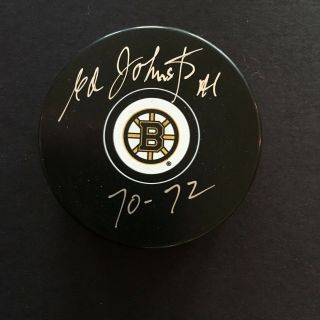 Ed Johnston Autographed Bruins Puck 70 - 72 Inscr.  J.  S.  A.  Authenticated