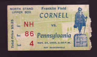 Nov.  24 1955 Penn Quakers Vs Cornell Big Red Ticket Stub Franklin Field Green