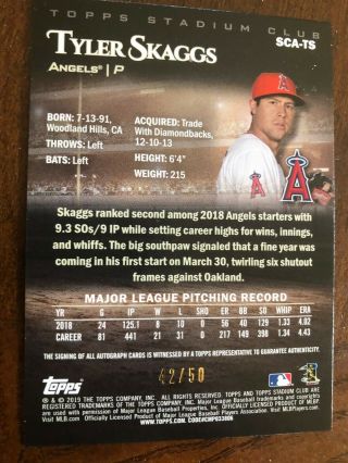 2019 Topps Stadium Club Tyler Skaggs RED /50 Auto Los Angeles Angels AUTOGRAPH 2