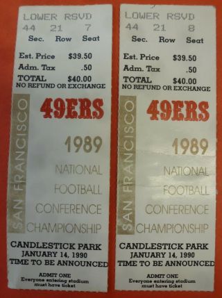 Two 1989 Nfc Championship Game Ticket Stubs 49ers Vs Rams Candlestick Park