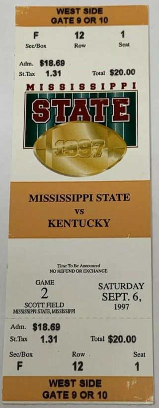 1997 Kentucky Wildcats V Mississippi State Bulldogs Full Football Ticket