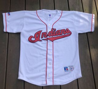 Vintage Russell Athletic Cleveland Indians Sewn White Jersey Sz M Made In Usa