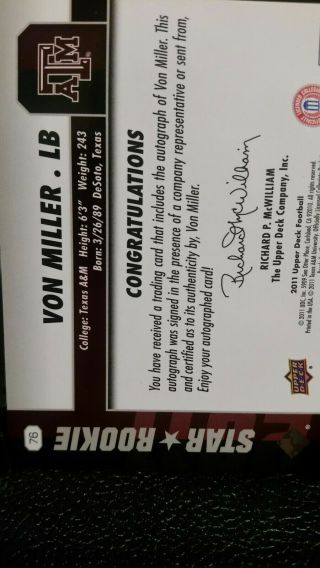 Von Miller Autographed Rookie Football Card 2011 Upper Deck 76 5