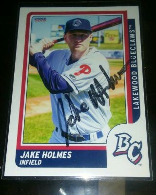 Jake Holmes Autograph 2019 Lakewood Blueclaws Team Card Phillies Rookie