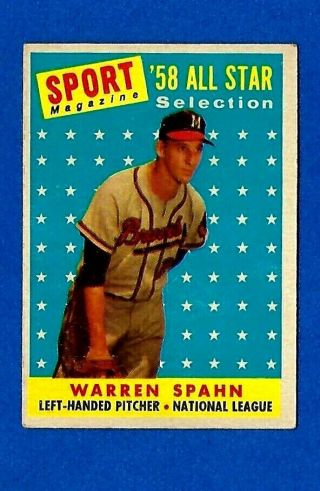 1958 Topps Baseball Card 494 Warren Spahn All - Star Ex,  High Number No Crease