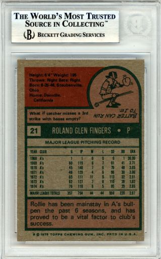 Rollie Fingers Autographed Signed 1975 Topps Card 21 A ' s Beckett 10378513 2
