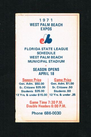 1971 West Palm Beach Expos Florida State League Baseball Pocket Schedule Card