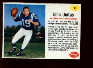 1962 Post Cereal Football Card 90 Johnny Unitas Exmt,