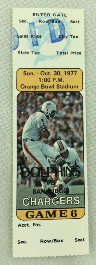 Nfl 1977 10/30 San Diego Chargers At Miami Dolphins Full Ticket - Nat Moore