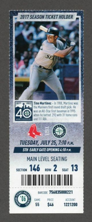 Rafael Devers Mlb Debut 7/25/2017 Mariners Red Sox Full Season Ticket T Martinez