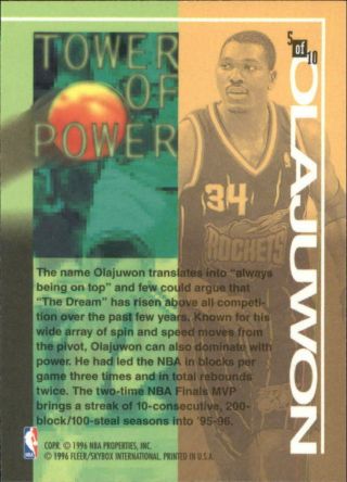 1995 - 96 Fleer Towers of Power Houston Rockets Basketball Card 5 Hakeem Olajuwon 2