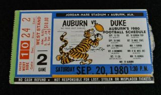 1980 Auburn Tigers Vs Duke Blue Devils Football Ticket - September 20th