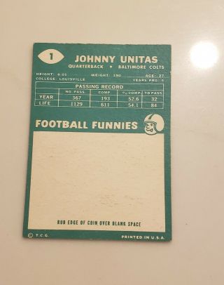 1960 Topps Football Card 1 JOHNNY UNITAS Baltimore Colts - 2