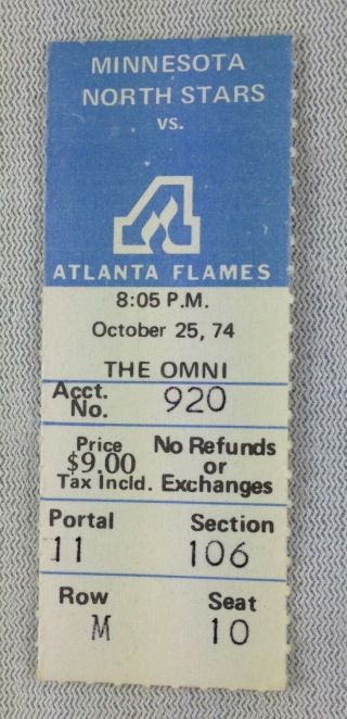 Nhl 1974 10/25 Minnesota North Stars At Atlanta Flames Hockey Ticket Stub