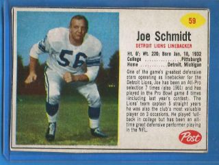 1962 Post Cereal Football Card 59 Joe Schmidt (sp) - Detroit Lions