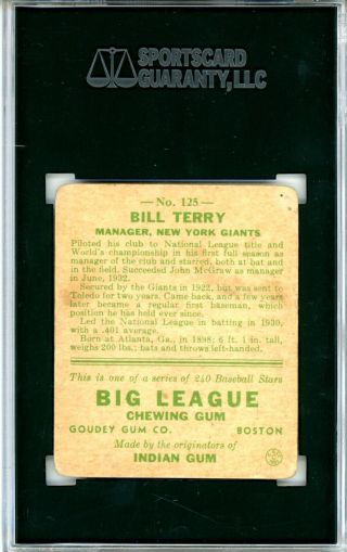 1933 Goudey 125 Bill Terry SGC 2 2