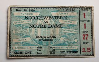 Northwestern Vs Notre Dame Football Game Ticket 1939