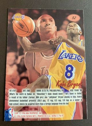 Kobe Bryant Rookie Card - 1996 - 97 Fleer Ultra 52 Los Angeles Lakers RC 2