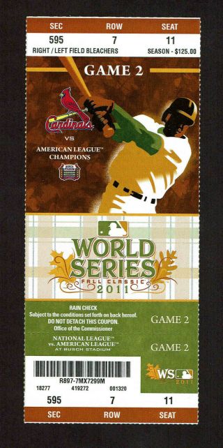 2011 World Series Game 2 Full Ticket Stub Texas Rangers Vs St Louis Cardinals