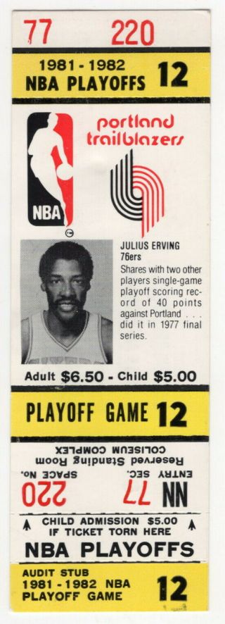 1981 - 82 Nba Playoffs 12 Ticket: " Portland Trailblazers " W/ J.  Erving -