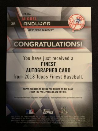 2018 Topps Finest MIGUEL ANDUJAR Rookie Blue Refractor Auto 16/150 RC Autograph 2